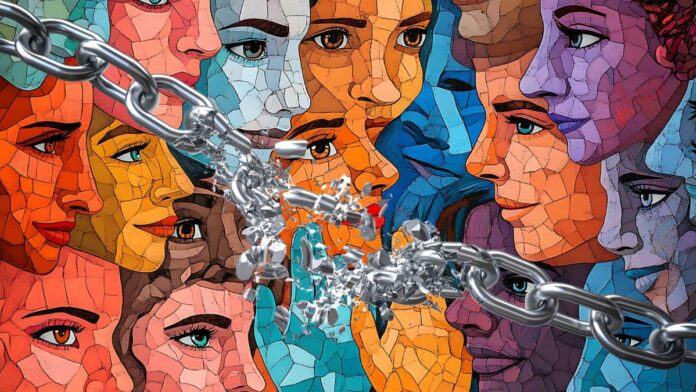 Colorful faces with broken chain link