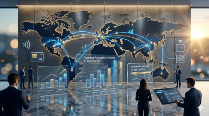 Business meeting with global payment data