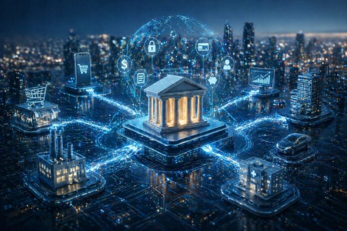 Digital finance network with interconnected elements.