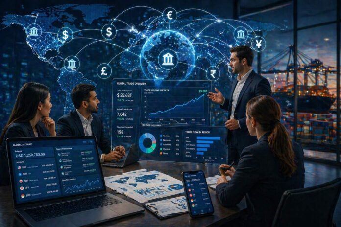 Business meeting with global trade data