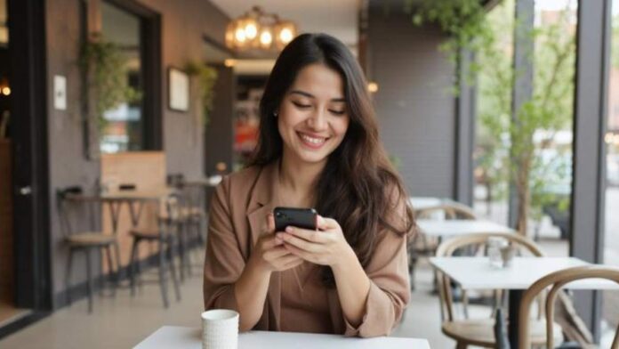 Smiling woman using smartphone in café.