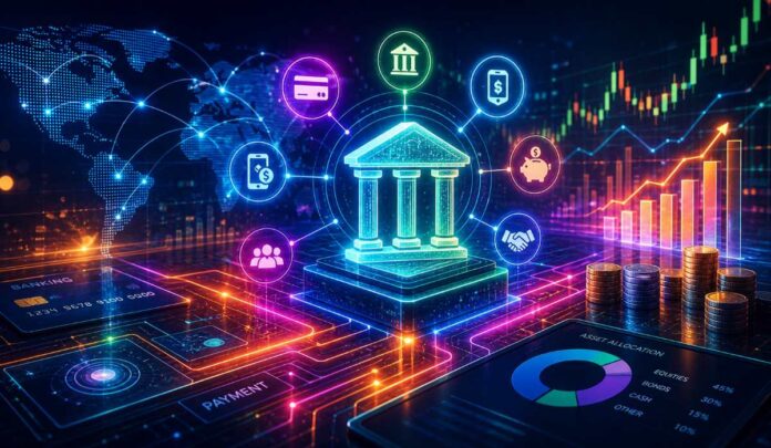Digital finance with banking infrastructure elements.