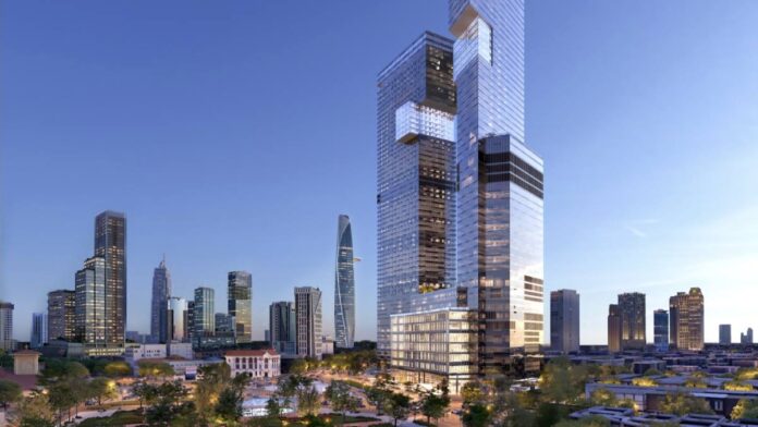 Modern skyscrapers in urban landscape.